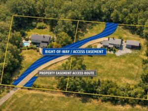 Aerial view of neighboring properties showing a right-of-way and access easement crossing property boundaries