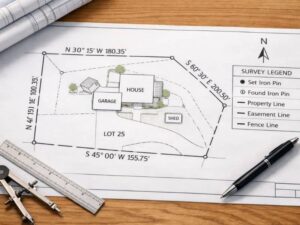 Property survey map with boundary lines, bearings, symbols, and a survey legend used to explain how to read a property survey