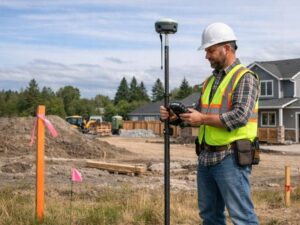 Surveyor using GPS equipment on a residential property during a land survey