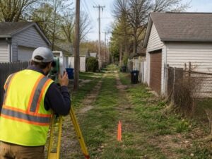 Land surveyor measuring an overgrown platted alley between older garages and backyard fences.